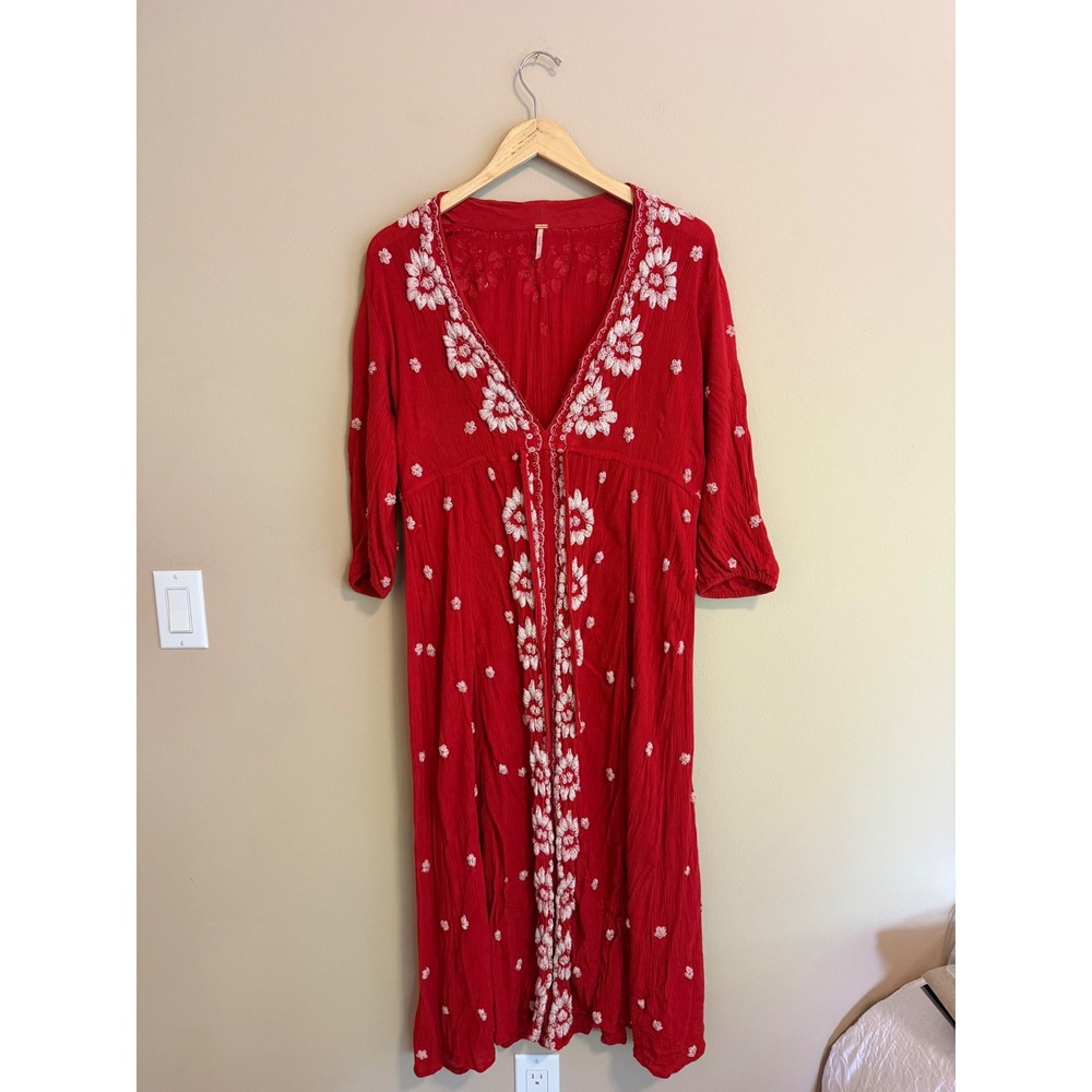 Free People Red Maxi Dress with White Floral Embroidery Accents - Picture 3 of 6